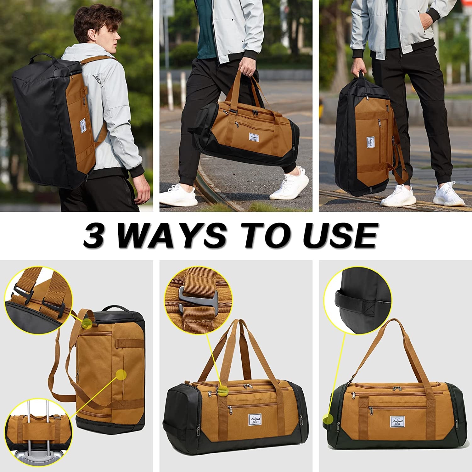 Travel Duffle Bag for Men 40L Medium Sports Gym Bag with Wet Pocket & Shoes Compartment Weekender Overnight Backpack for Traveling Duffel Bag Backpack for Women, Brown